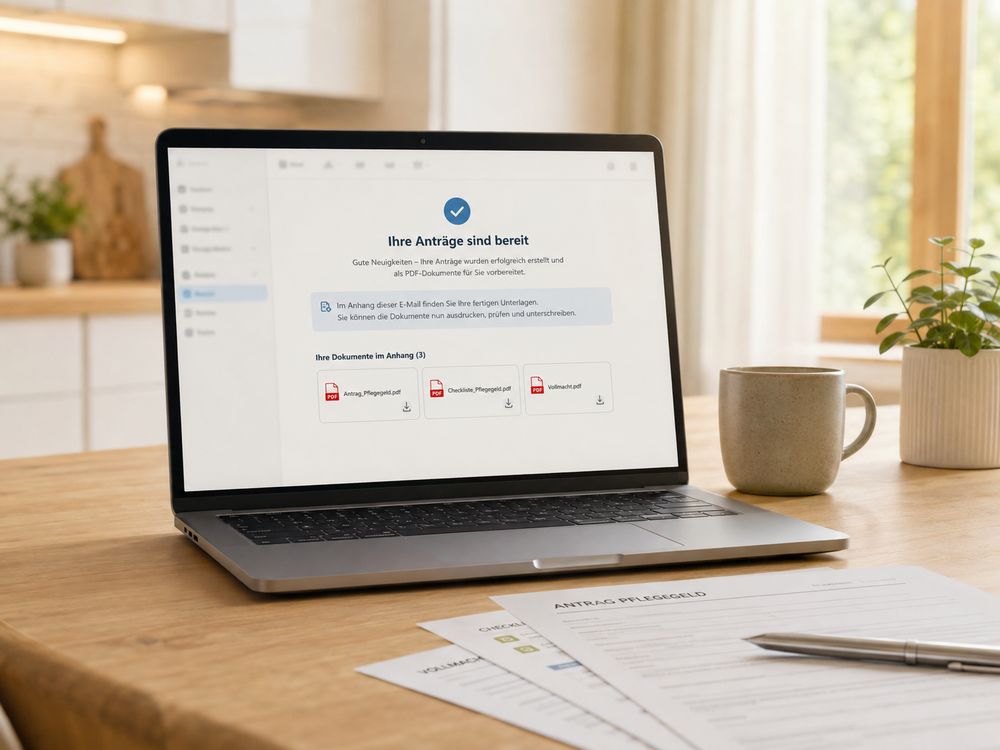 Bildschirm mit der E-Mail „Ihre Anträge sind bereit“ und drei PDF-Anhängen,
                daneben die ausgedruckten Unterlagen auf dem Tisch