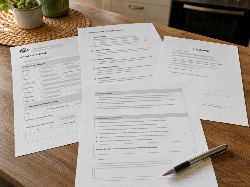 Ausgedruckte Unterlagen auf einem Küchentisch: der Antrag auf Pflegegeld,
                die Checkliste, die Vollmacht und ein Hinweisblatt, daneben ein Kugelschreiber